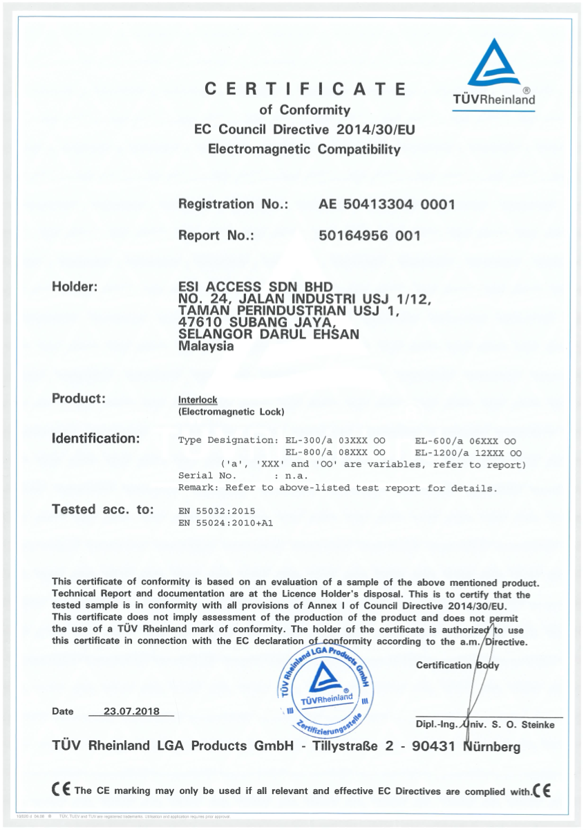 T&Uuml;V Rheinland CE certificate of conformity for ESI Access electromagnetic locks