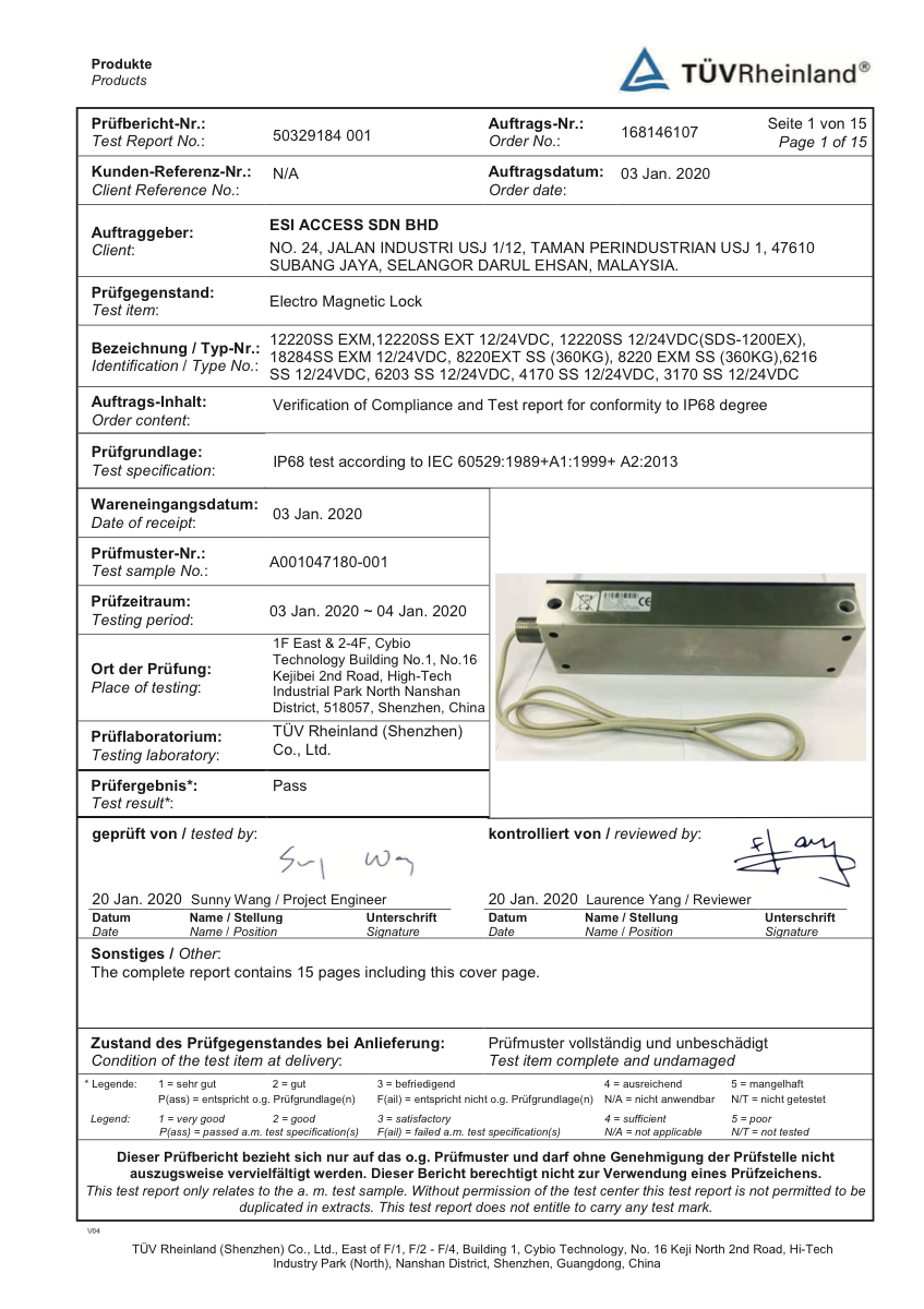 T&Uuml;V Rheinland IP68 test report for ESI Access electromagnetic locks