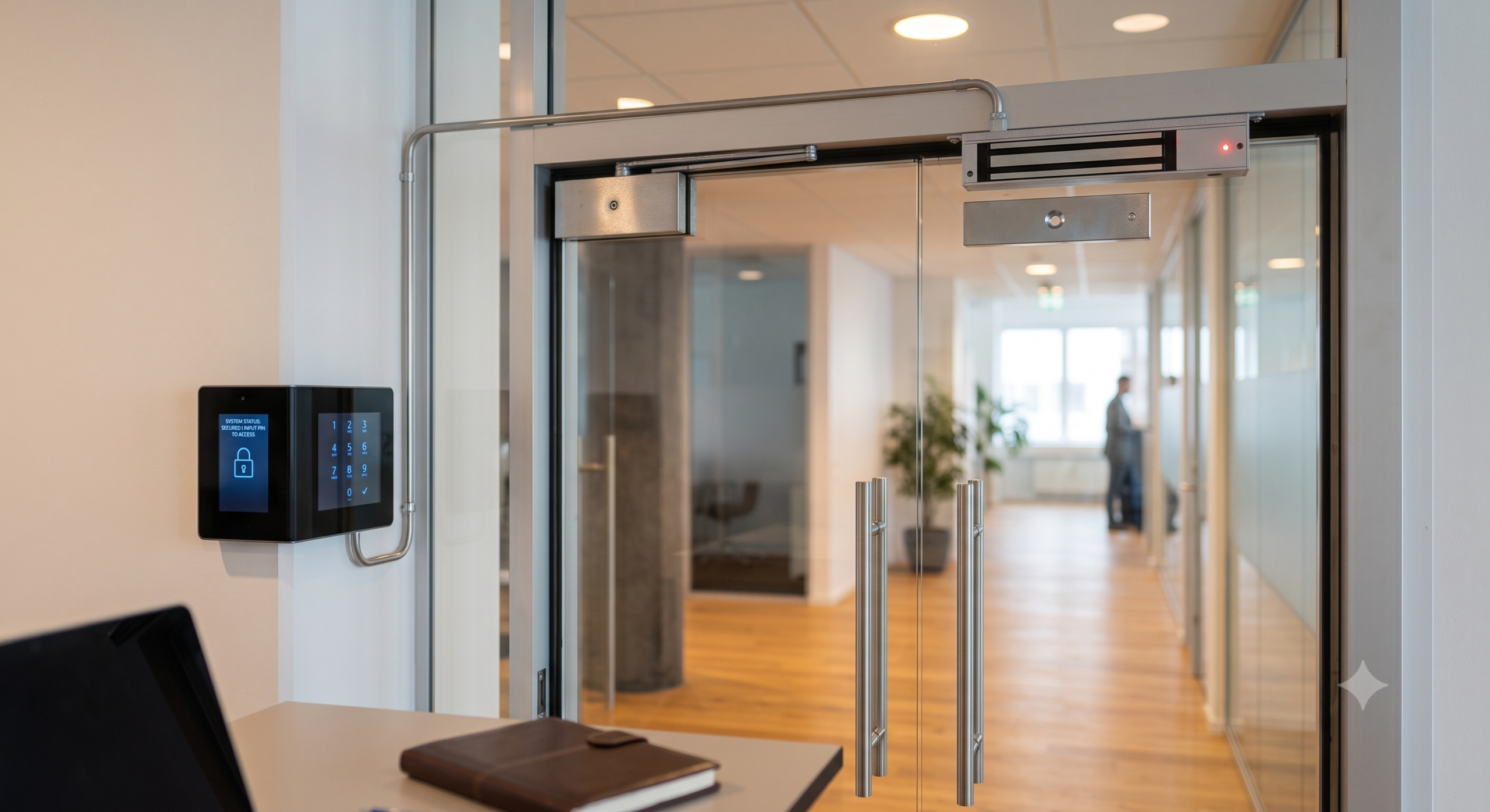 Glass entrance doors in a modern commercial lobby
