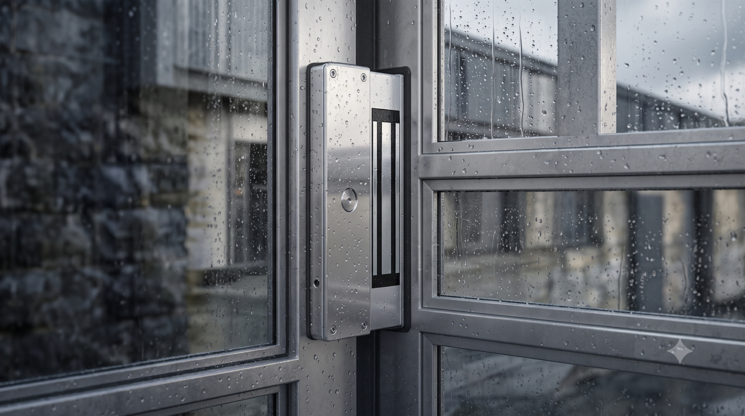 Exterior security gate at a building entrance