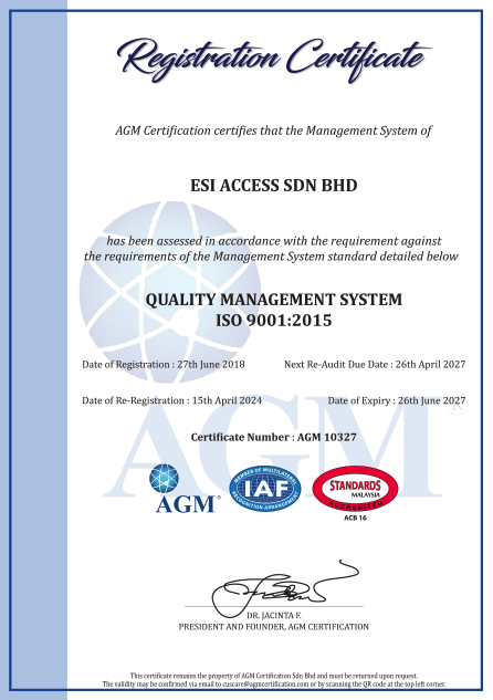 ISO 9001:2015 registration certificate for ESI Access Sdn Bhd