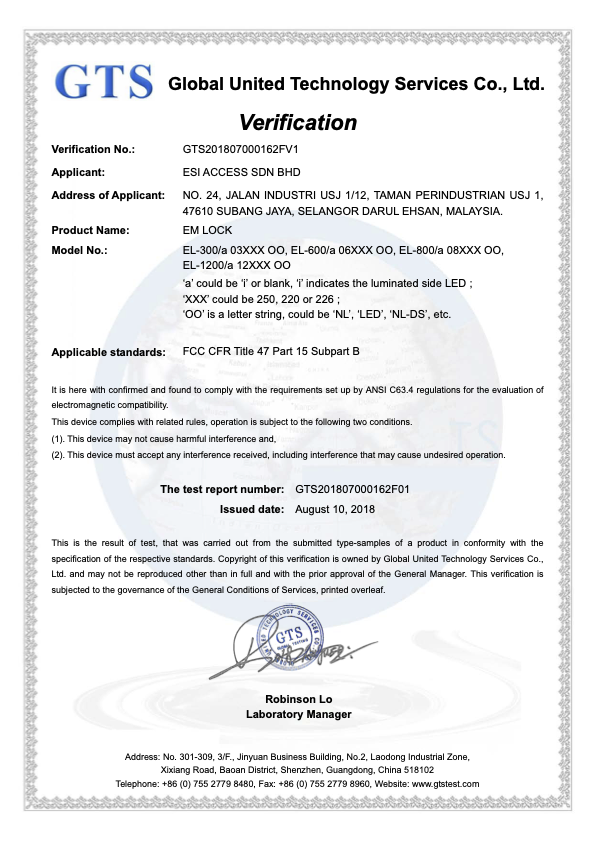 FCC verification certificate for ESI Access electromagnetic locks