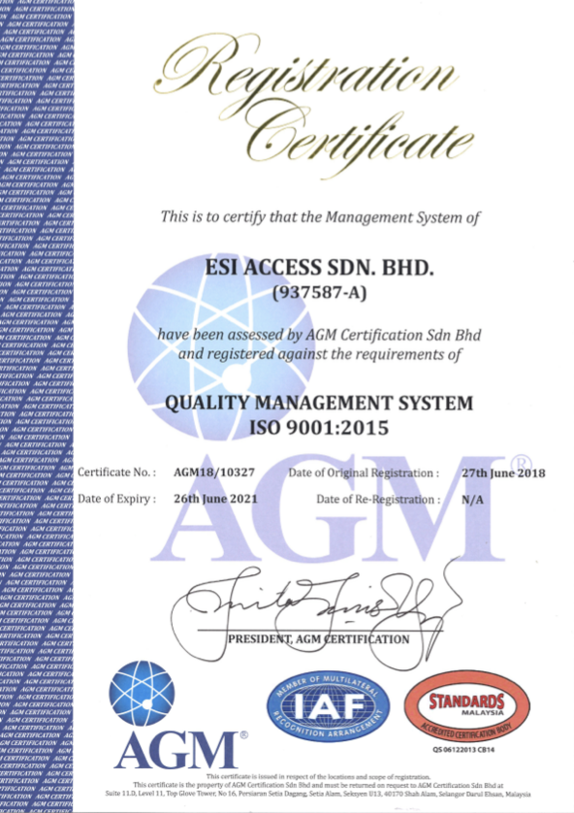 ISO 9001:2015 registration certificate for ESI Access Sdn Bhd