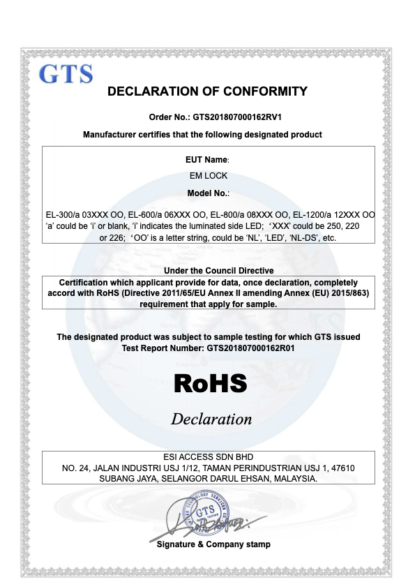RoHS declaration of conformity for ESI Access electromagnetic locks