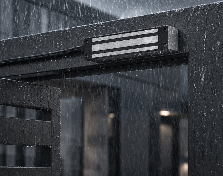 Stainless weatherproof electromagnetic lock on an exterior gate