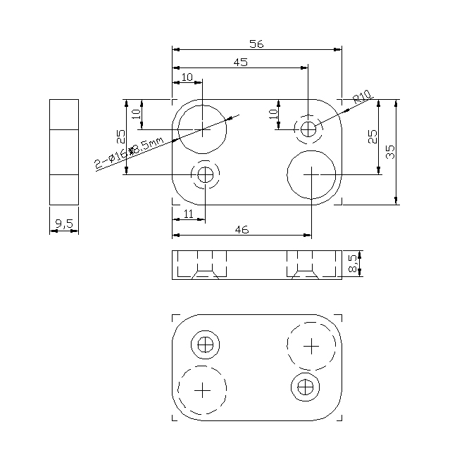 Dimensioned engineering drawing of the same mounting plate, with plan, side and underside views